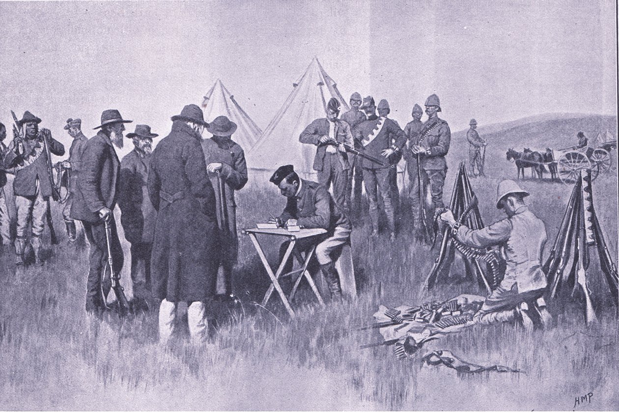 Jurando el juramento de neutralidad (ilustración de After Pretoria: The Guerilla War, 1902) de Henry Marriott Paget