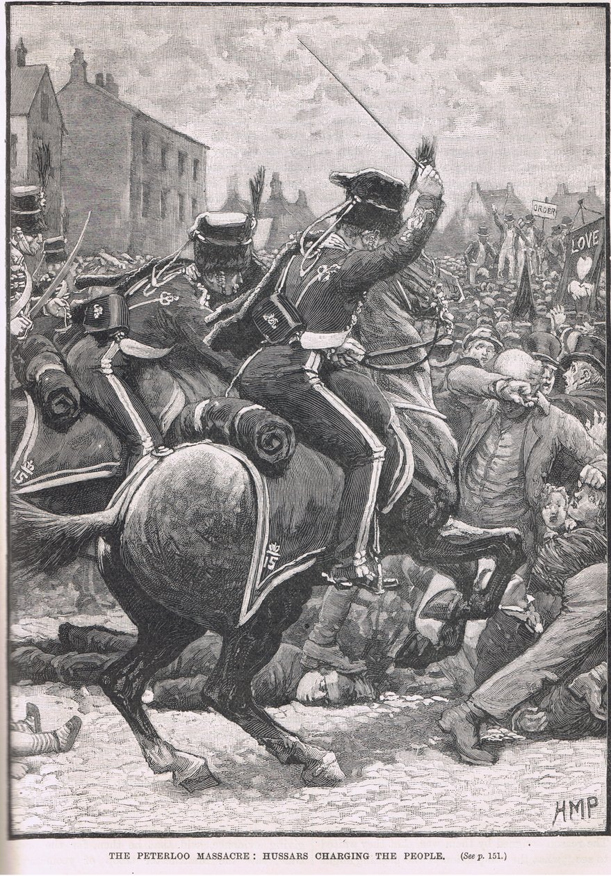 La masacre de Peterloo con los Húsares cargando contra la gente, ilustración de 
