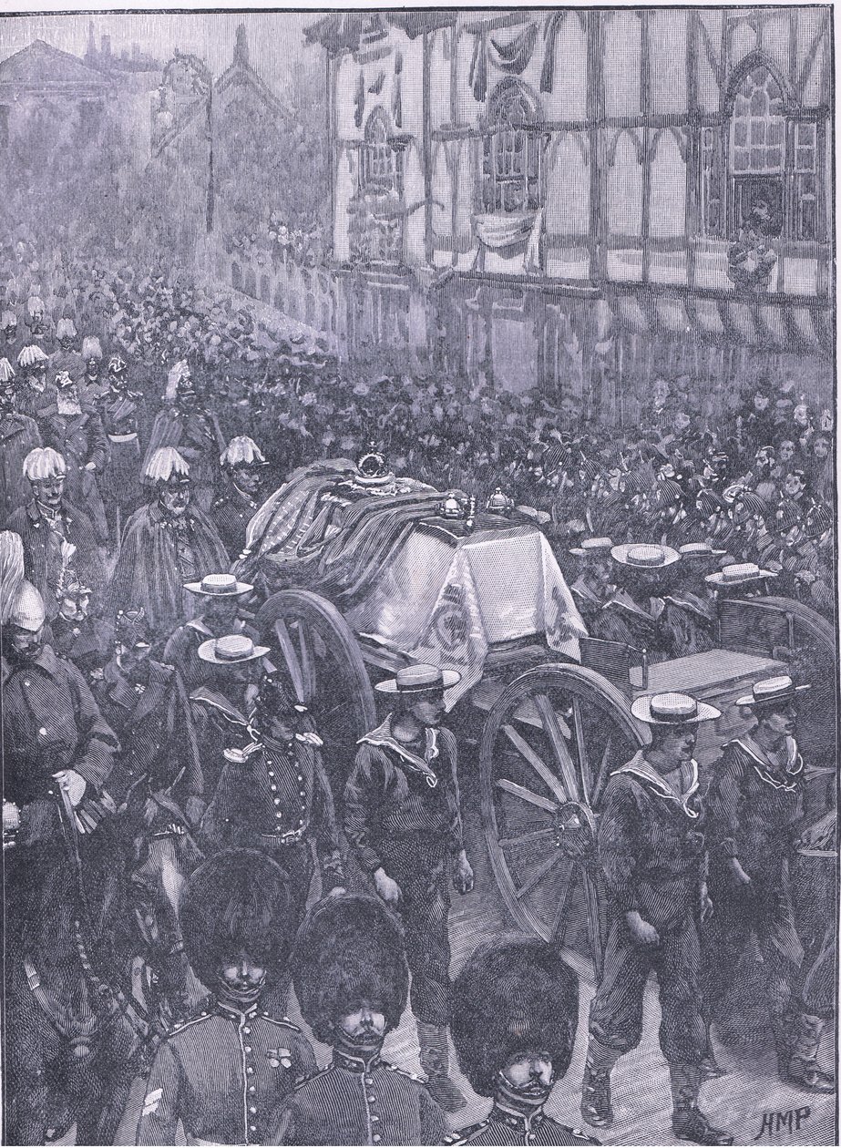 El funeral de la Reina, la última etapa, ilustración de la Historia de Inglaterra de Cassell, 1900s de Henry Marriott Paget