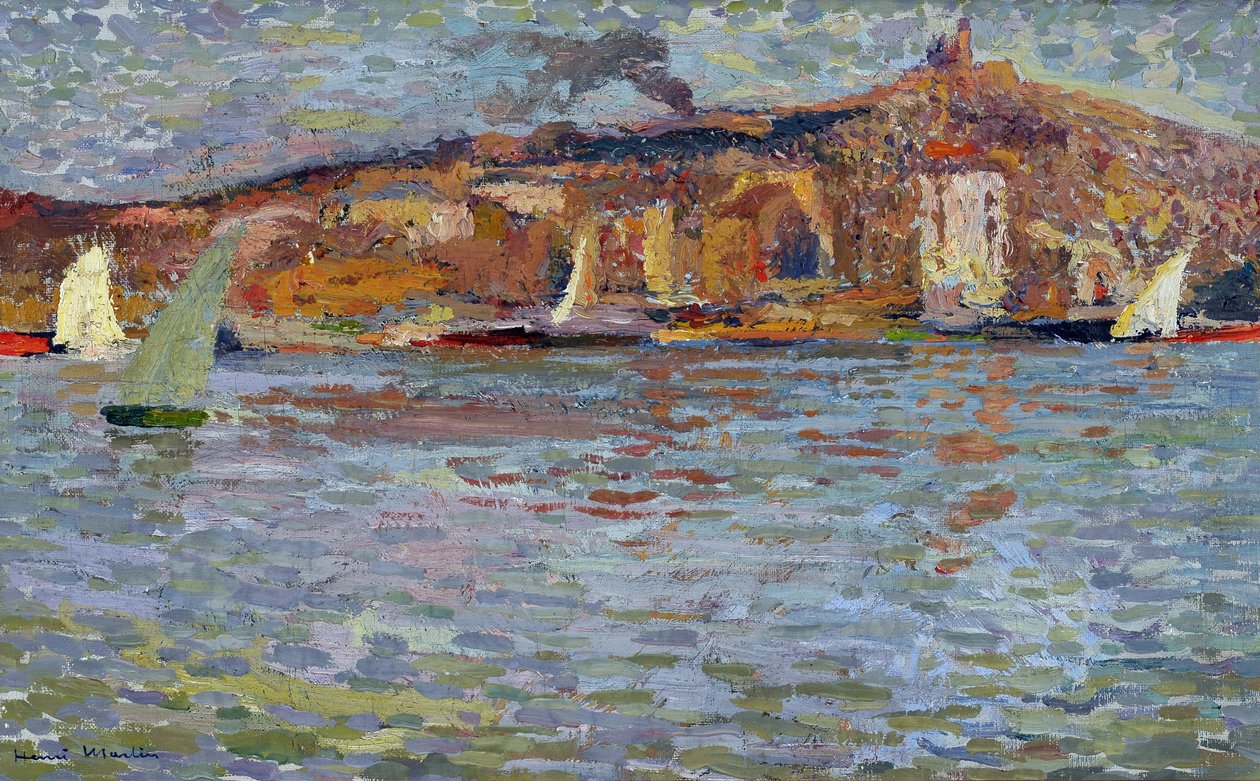 El puerto de Marsella, el puerto viejo y la "Buena Madre" (Cathedrale Notre Dame de la Garde). Pintura de Henri Martin (1835-1908). Óleo sobre lienzo. Dimensiones: 38x61cm. Mención obligatoria: Colección fondation regards de Provence, Marsella de Henry Martin