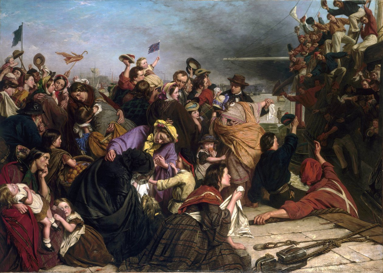 Despedida de inmigrantes, en un muelle del Támesis (Inglaterra), descripción de grupos de personas de todas las edades y clases sociales, así como de los marineros con camisas rojas y azules en el barco saludando a la multitud. de Henry Nelson O