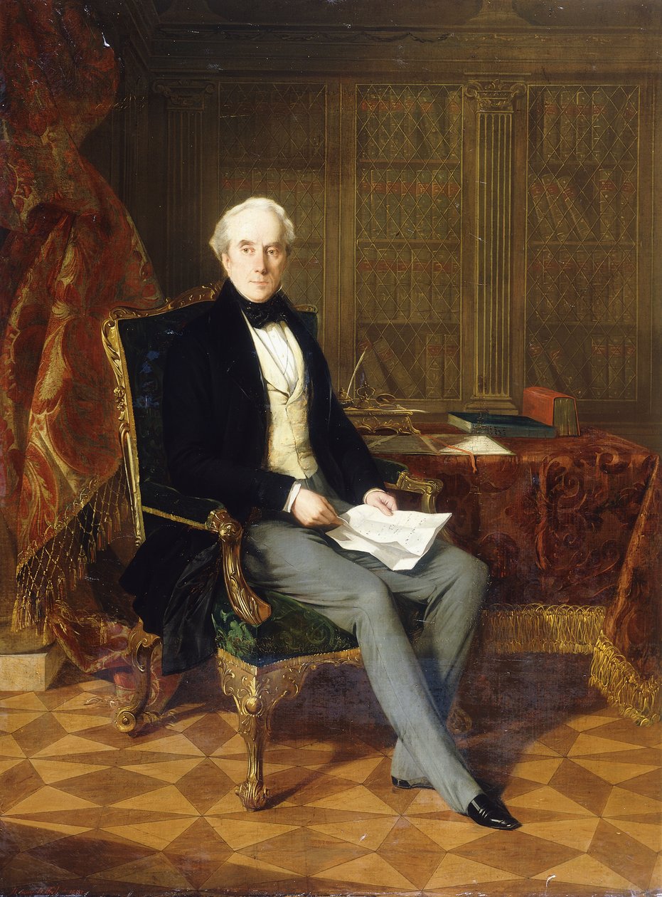 Retrato de Henry Pelham-Clinton, K.G., 4to Duque de Newcastle, sosteniendo un documento, en su estudio, 1850 de Henry Nelson ONeil