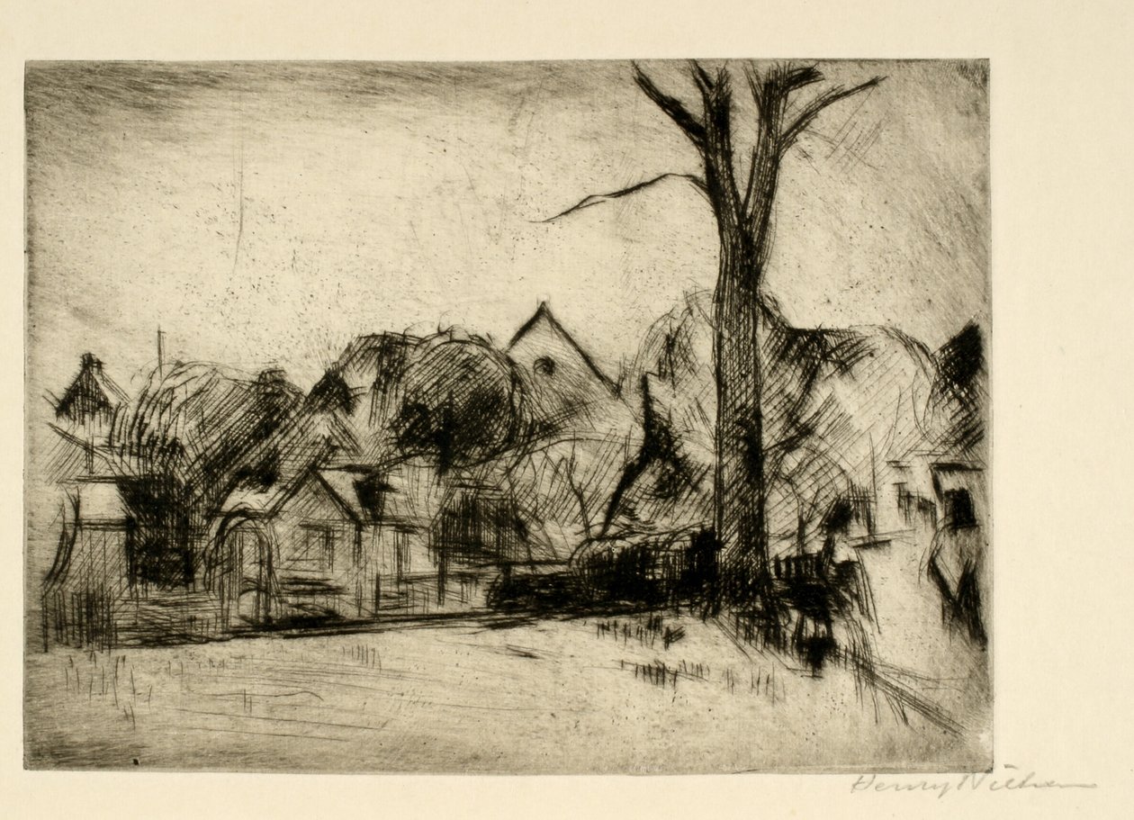 Paisaje con árbol alto y casas de Henry Nielsen