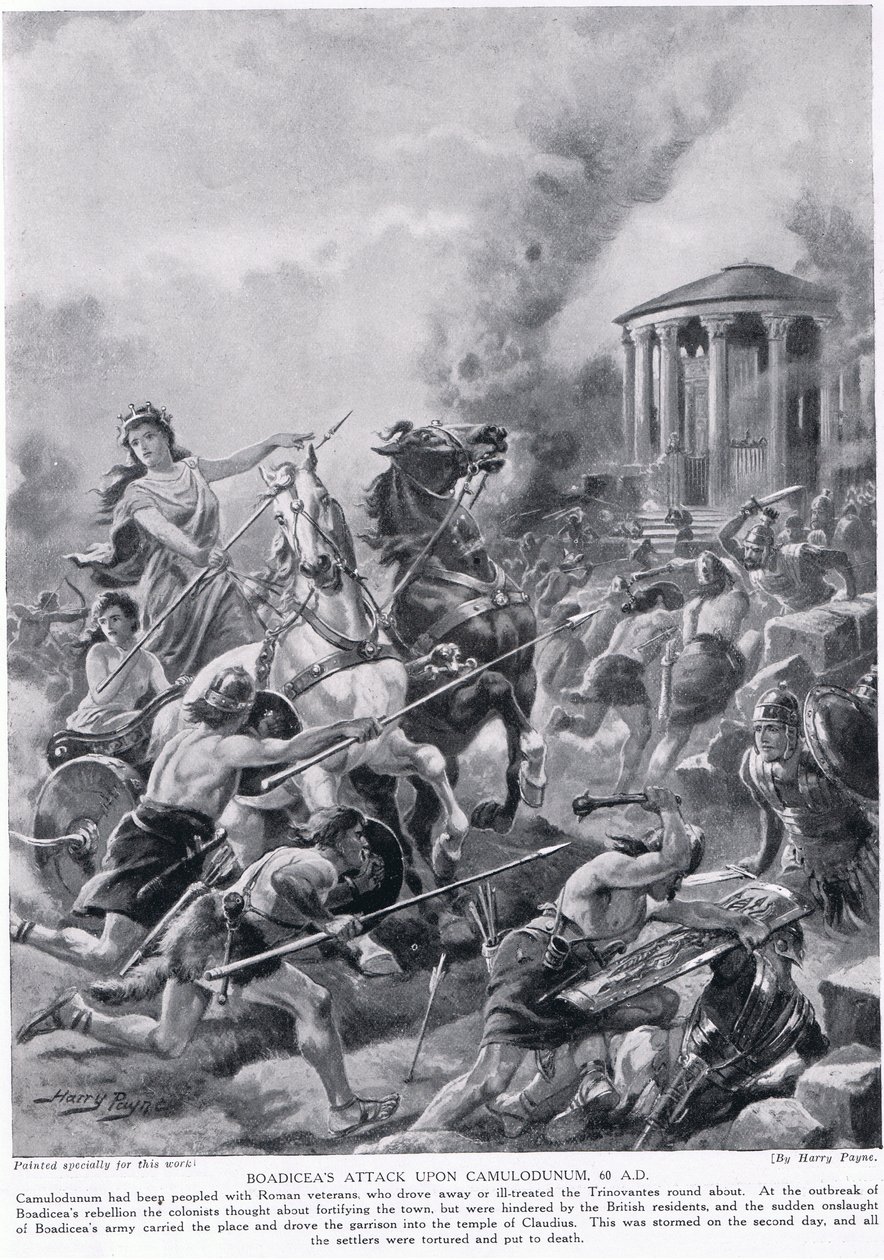 El ataque de Boadicea a Camulodunum, ilustración de 