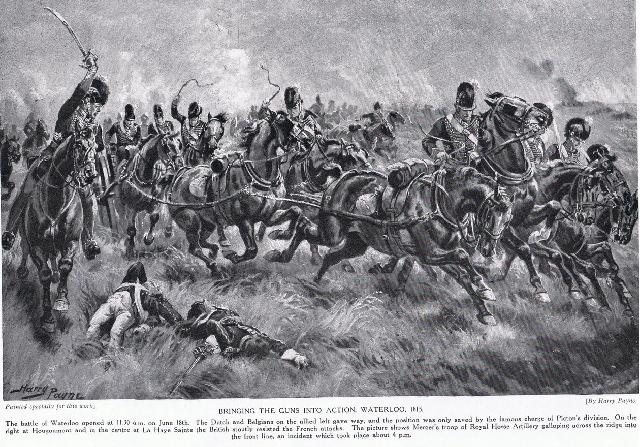 Llevando los cañones a la acción, Waterloo, ilustración de 