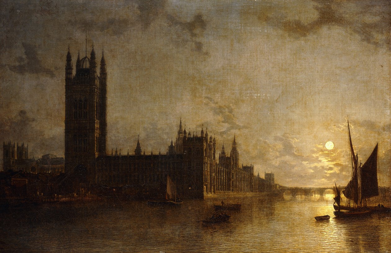 Abadía de Westminster, las Casas del Parlamento con la construcción del Puente de Westminster, 1859 de Henry Pether