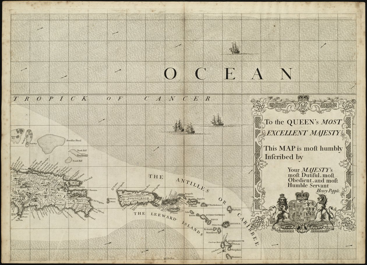 Un mapa del Imperio Británico en América con los asentamientos franceses y españoles adyacentes de Henry Popple