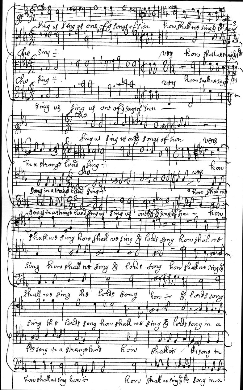 Manuscrito autógrafo de la partitura del Salmo 137 ¿Cómo cantaremos la canción del Señor en tierra extraña, antes de 1683 de Henry Purcell