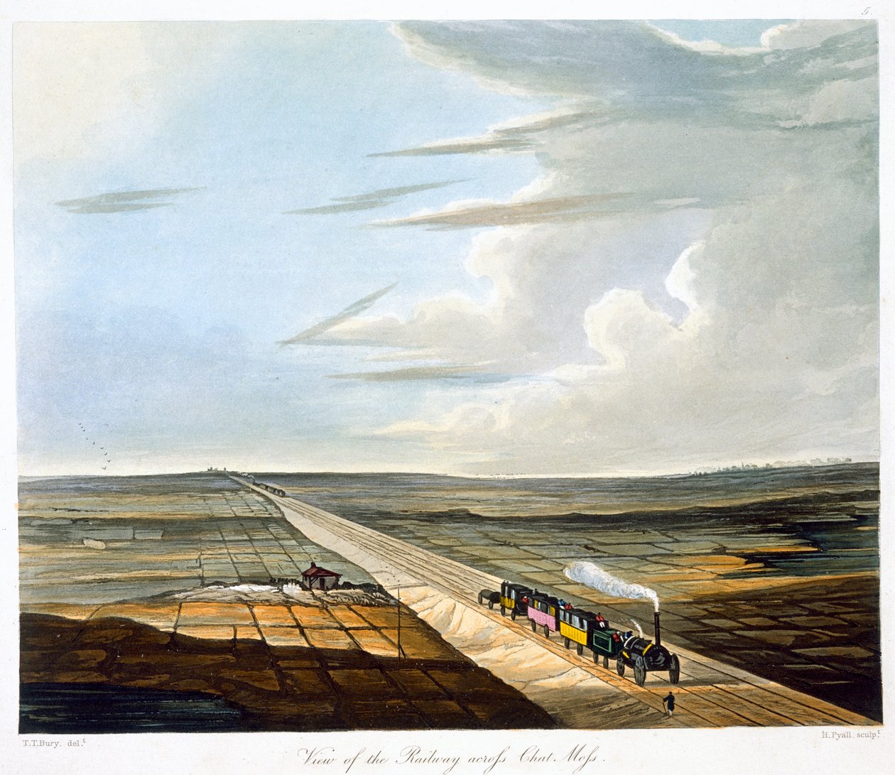 Vista del ferrocarril a través de Chat Moss, Ferrocarril de Liverpool y Manchester, 1833 de Henry Pyall