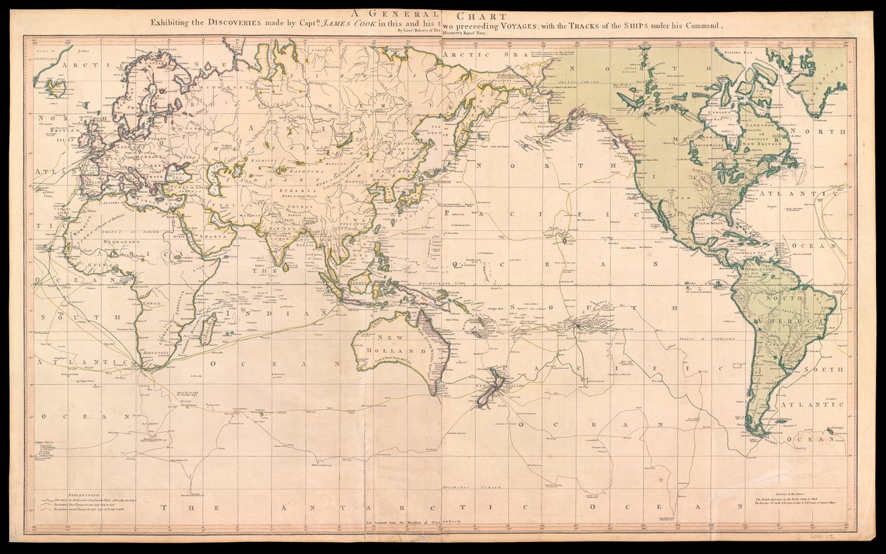Carta general de los descubrimientos realizados por el capitán James Cook en este viaje y en los dos anteriores, con las huellas de los barcos bajo su mando. de Henry Roberts