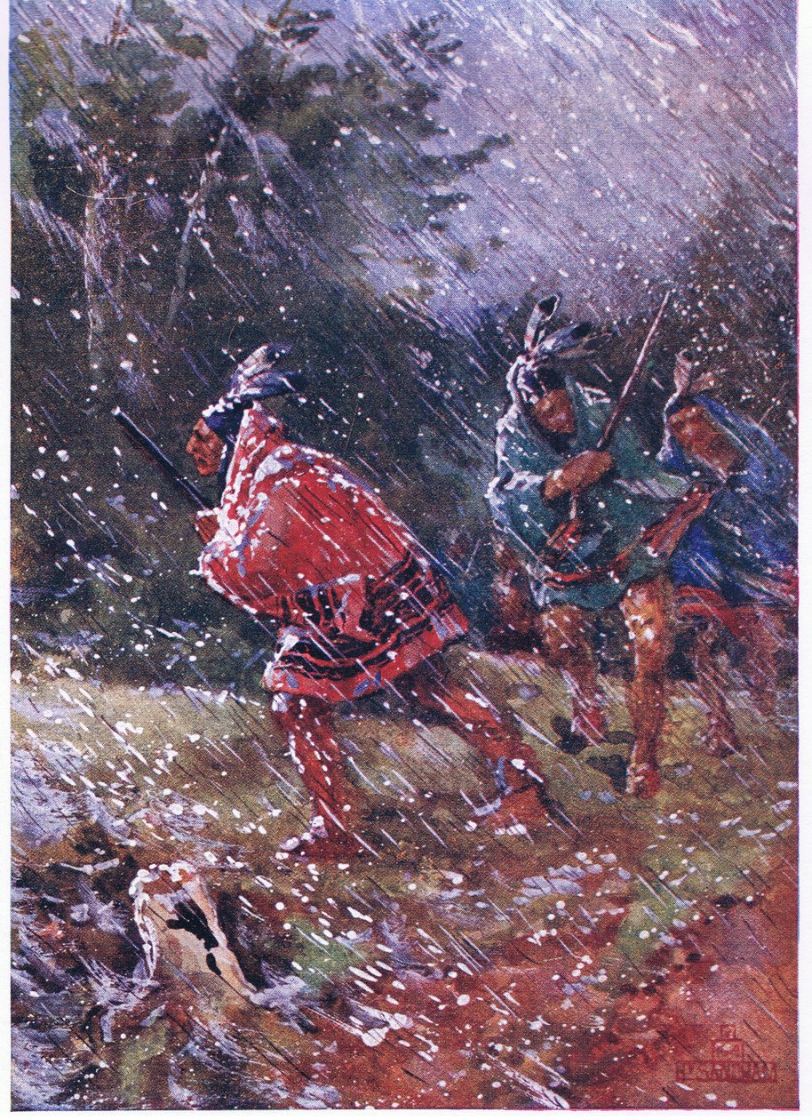 Indios rojos cazando en una tormenta de nieve de Henry Sandham