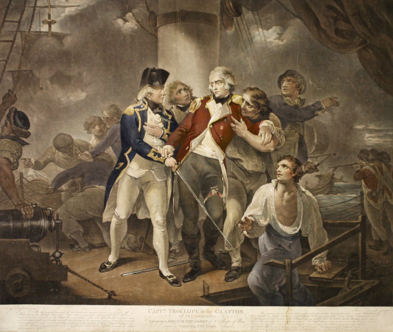 Capt. Trollope en el Glatton de 54 Carronades enfrentando a un escuadrón francés de 8 barcos de guerra con 230 cañones, grabado por James Daniell, 1797 de Henry Singleton