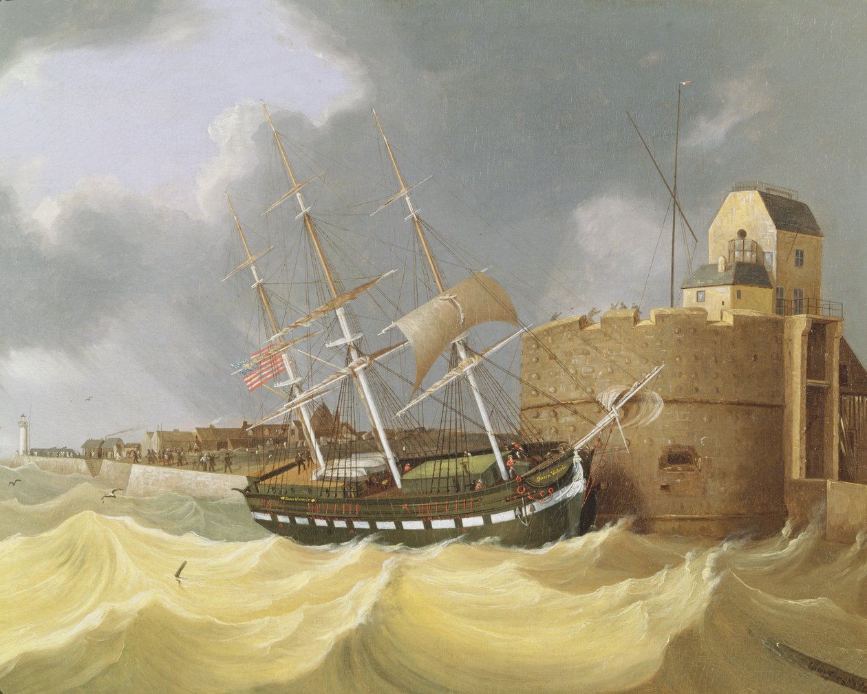 Having a Close Call (el buque "Queen Victoria" en el puerto de Le Havre) 1843 (óleo sobre lienzo) de Henry Smartly