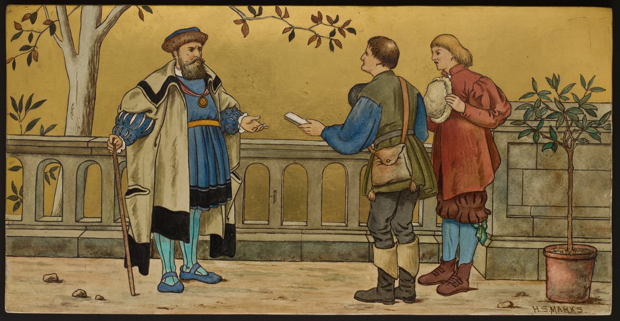 La Justicia, placa que representa una ilustración de Las Siete Edades de Shakespeare, Minton ware, Staffordshire, 1874 de Henry Stacey after Marks