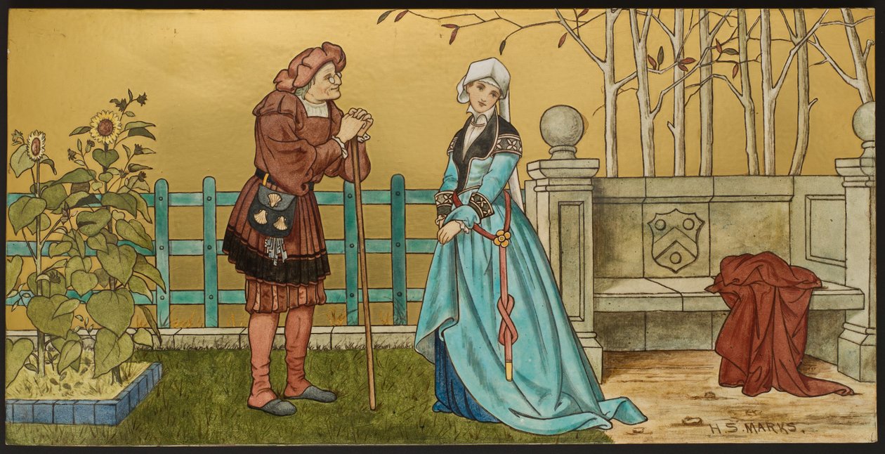 El Pantalón, placa que representa una ilustración de Las Siete Edades de Shakespeare, Minton ware, Staffordshire, 1874 de Henry Stacey after Marks