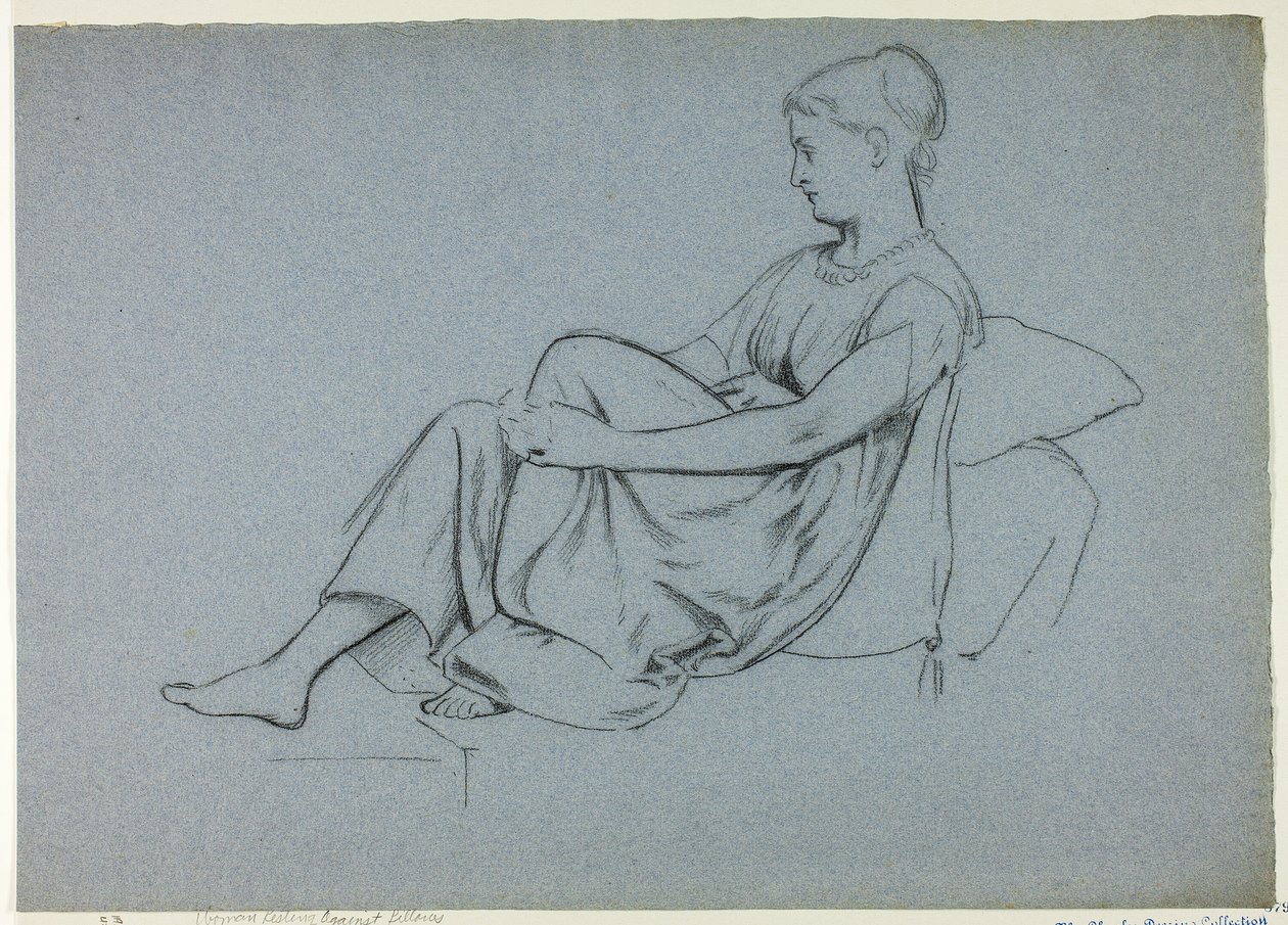 Mujer descansando contra las almohadas agarrándose la rodilla de Henry Stacy Marks