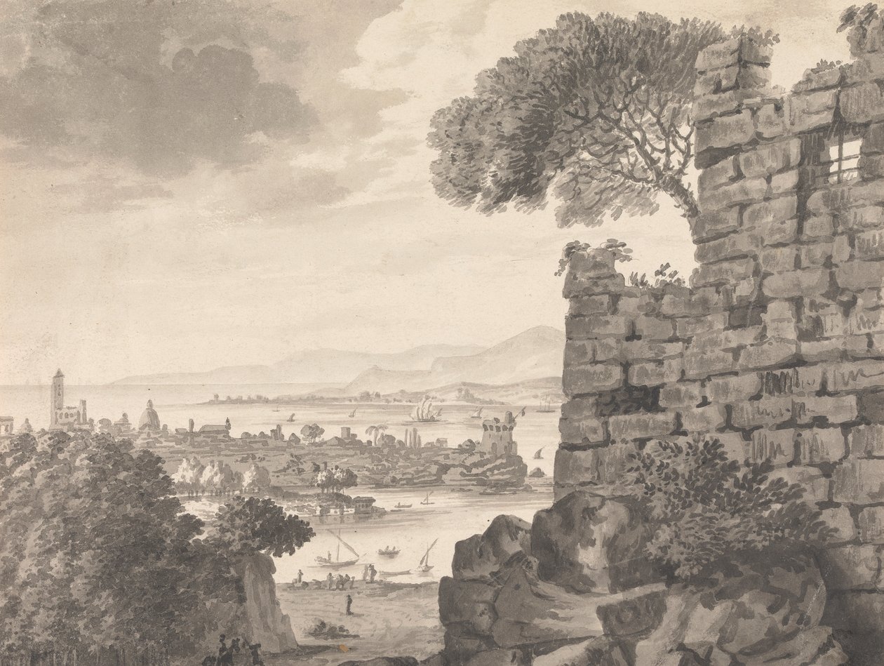 Paisaje con ruinas en primer plano, puerto y pueblo, al fondo de Henry Swinburne