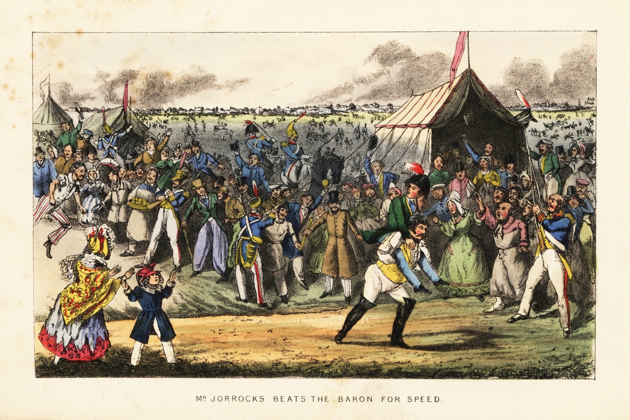 Caballeros ingleses apostando en una carrera a pie inusual durante una reunión de carreras de caballos en el Champs de Mars, París de Henry Thomas (after) Alken