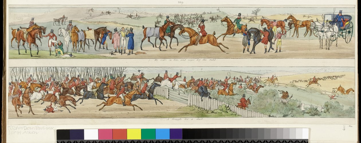 9. ¡Mi alma está en llamas y ansiosa por el campo! 10. Una lucha por un comienzo. Un viaje de caza a Melton Mowbray, 1822 de Henry Thomas Alken