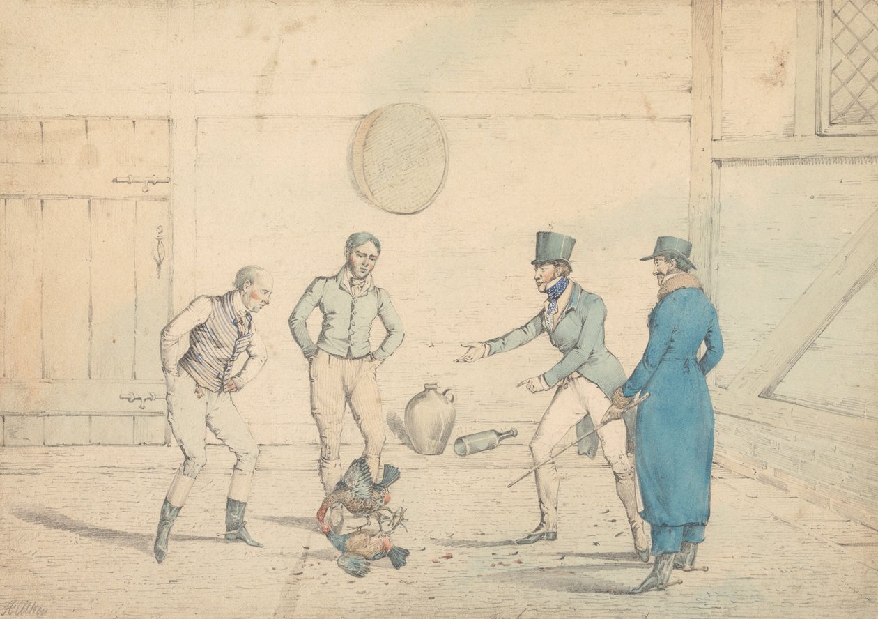 Una pelea de gallos observada por cuatro hombres en una dependencia: La pelea, grabada como lámina 39 en "The National Sports of Great Britain" de Henry Thomas Alken