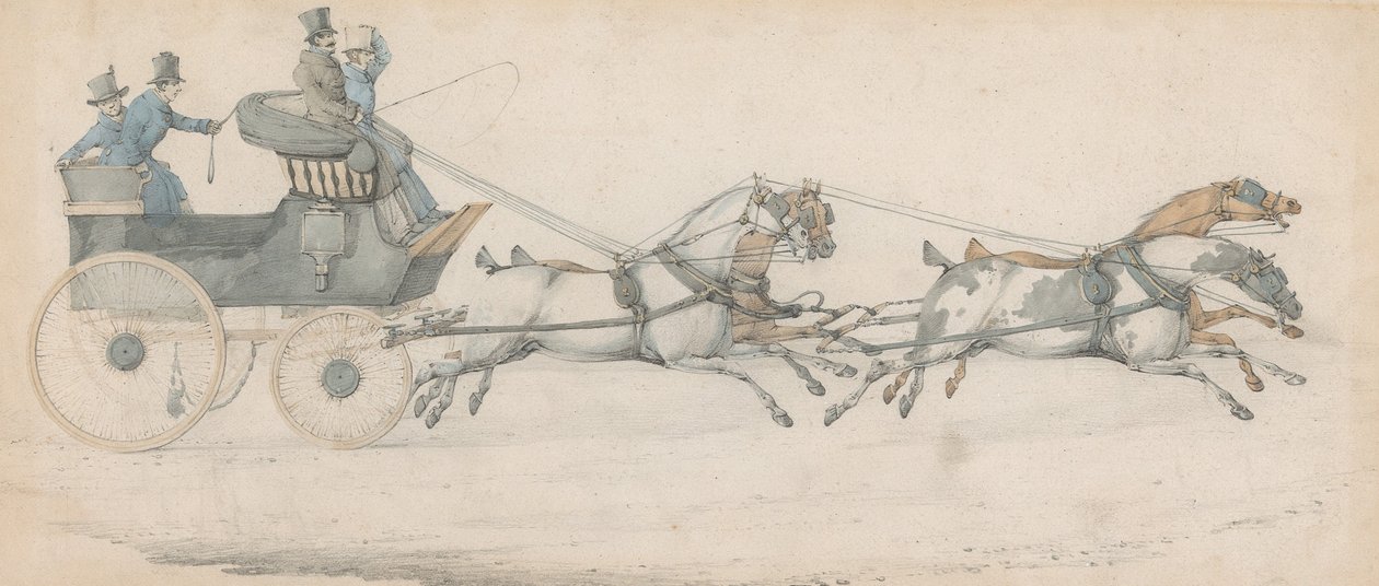 Un caballero conduce un tiro de cuatro caballos ante un faetón postal, acompañado por tres mozos de cuadra de Henry Thomas Alken