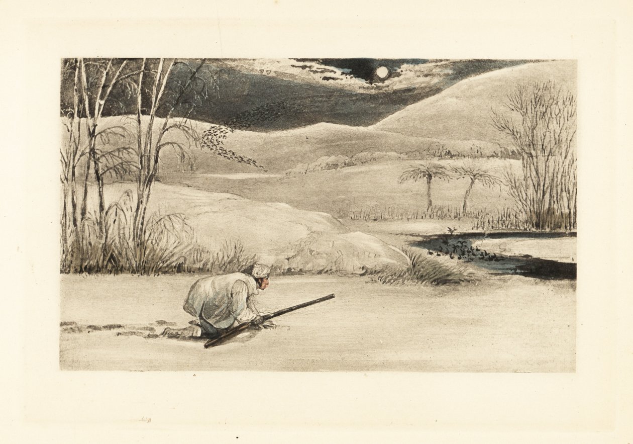Un caballero inglés se arrastra por la orilla de un río congelado para cazar patos. de Henry Thomas Alken