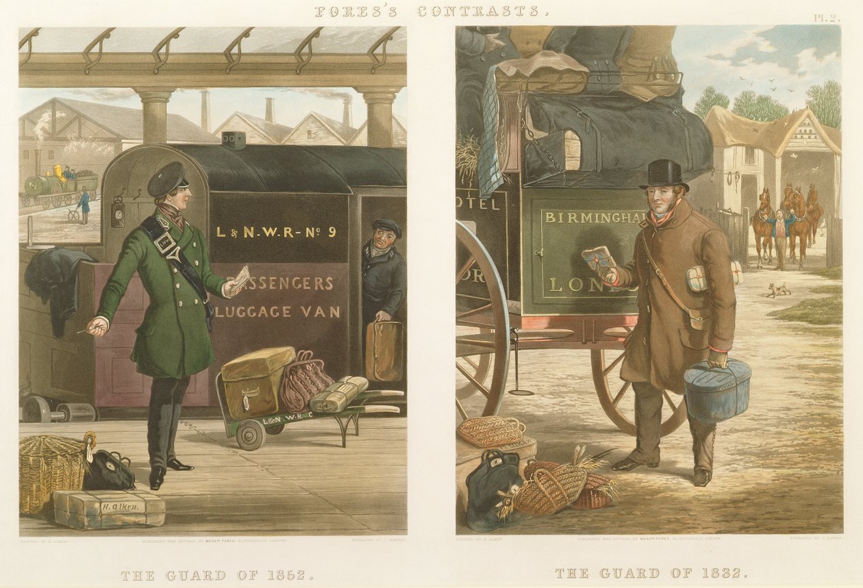 Contrastes de Fore: La Guardia de 1832, La Guardia de 1852, grabado por John Harris (1811-65) 1852 (aguafuerte coloreado a mano) de Henry Thomas Alken