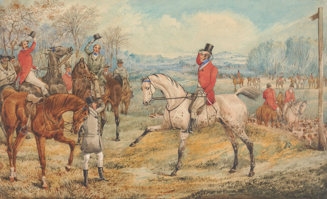 Ilustración para «The Analysis of the Hunting Field» de R. S. Surtees: la reunión: «Con rostros radiantes y corazones alegres» de Henry Thomas Alken