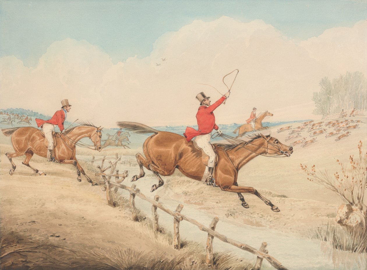 Saltar un barandilla baja y un arroyo de Henry Thomas Alken