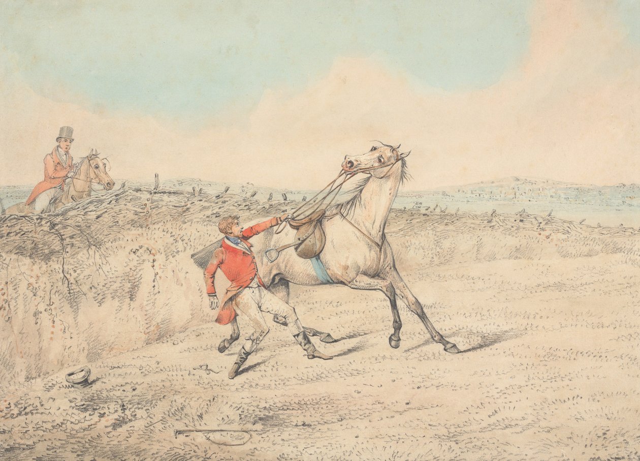 Jinete aferrándose a un caballo gris después de una caída de Henry Thomas Alken