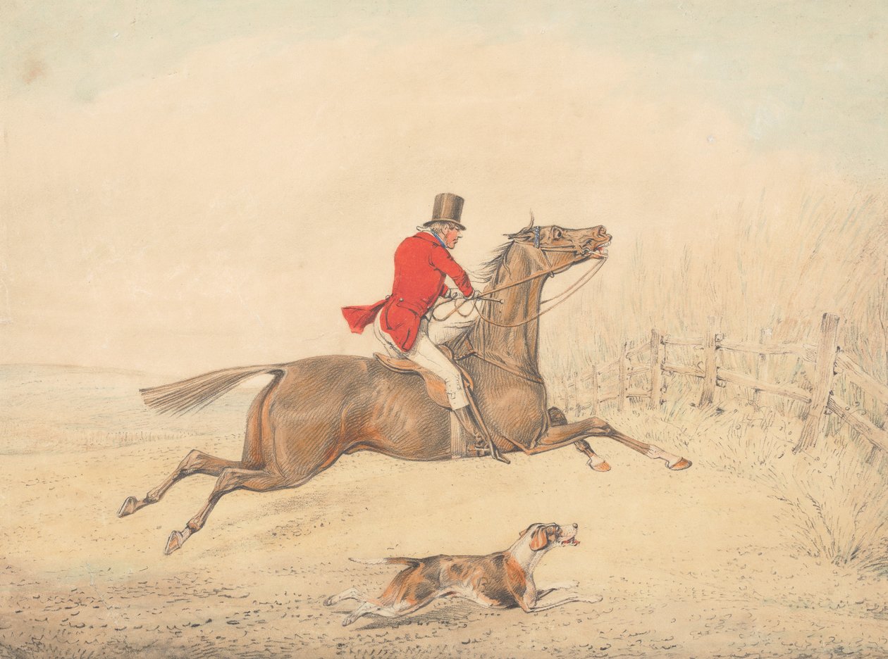 Jinete sobre un caballo castaño a punto de saltar una valla hacia la derecha de Henry Thomas Alken