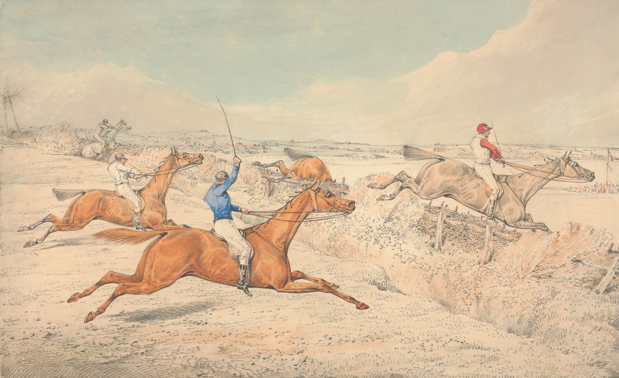 Carreras de obstáculos: cuatro jinetes se enfrentan a una zanja y a un oxer de Henry Thomas Alken