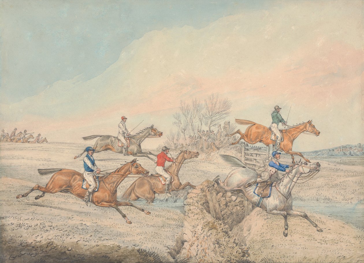 Carrera de obstáculos: el pelotón salva un muro de piedra y una verja de Henry Thomas Alken
