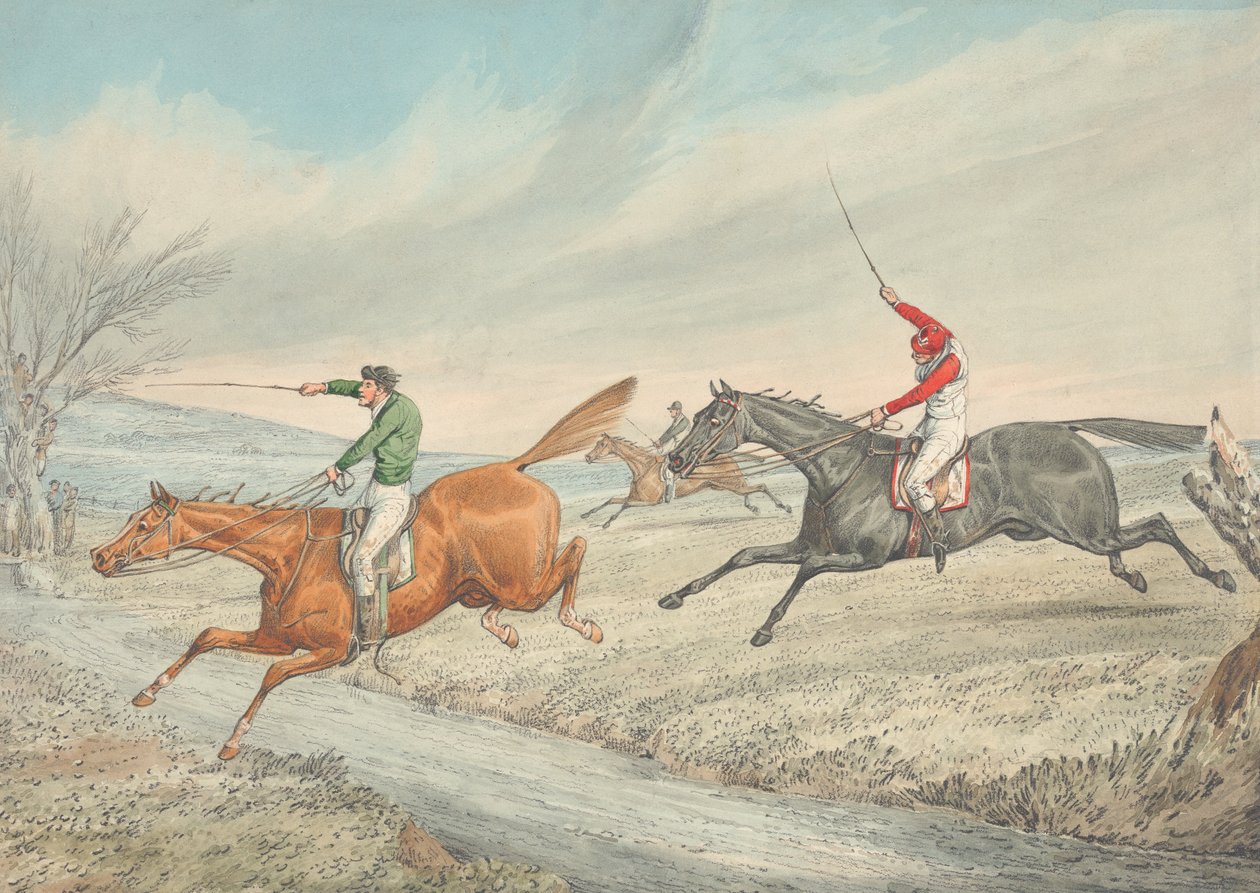 Carrera de obstáculos: tres jinetes cruzan un arroyo de Henry Thomas Alken