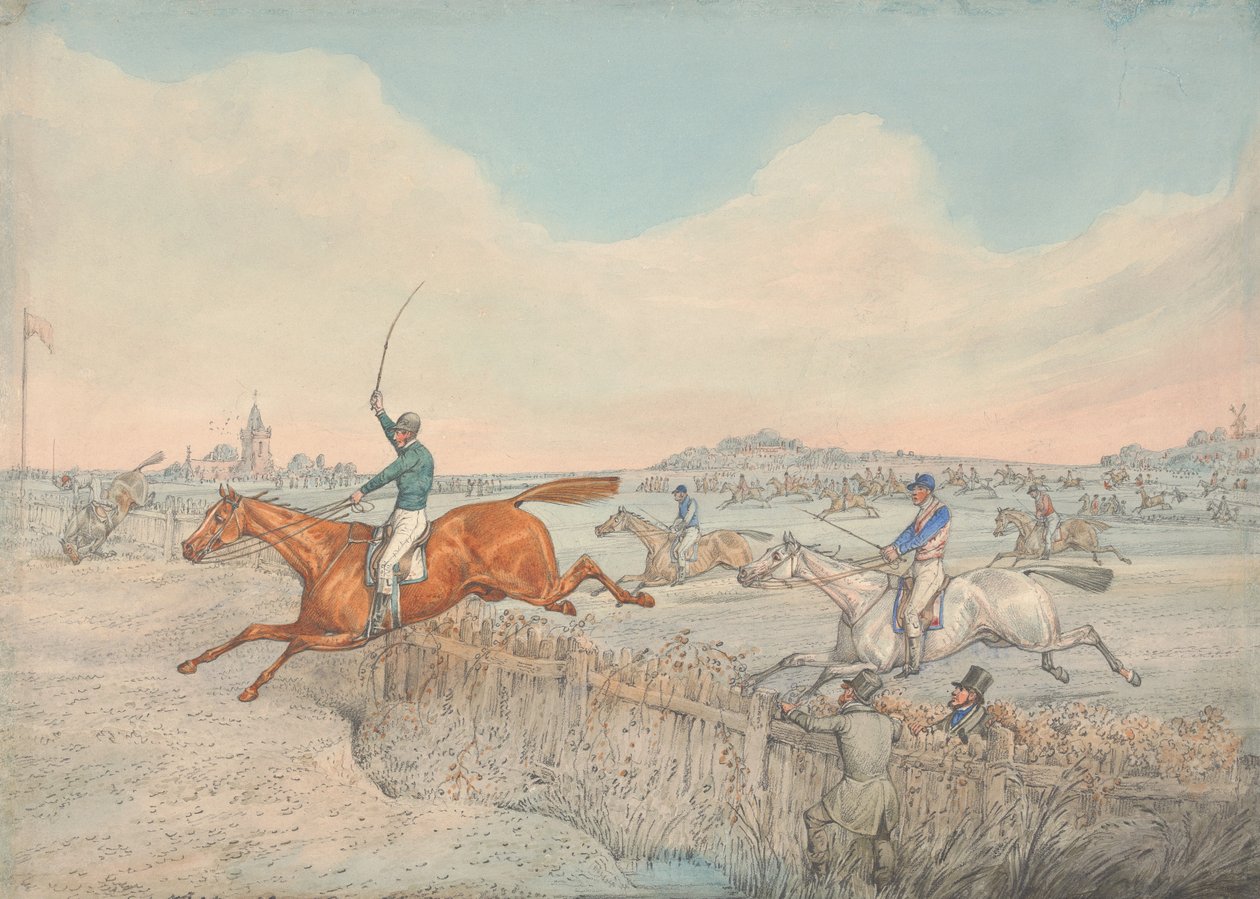 Carrera de obstáculos: dos jinetes saltando una valla de madera de Henry Thomas Alken