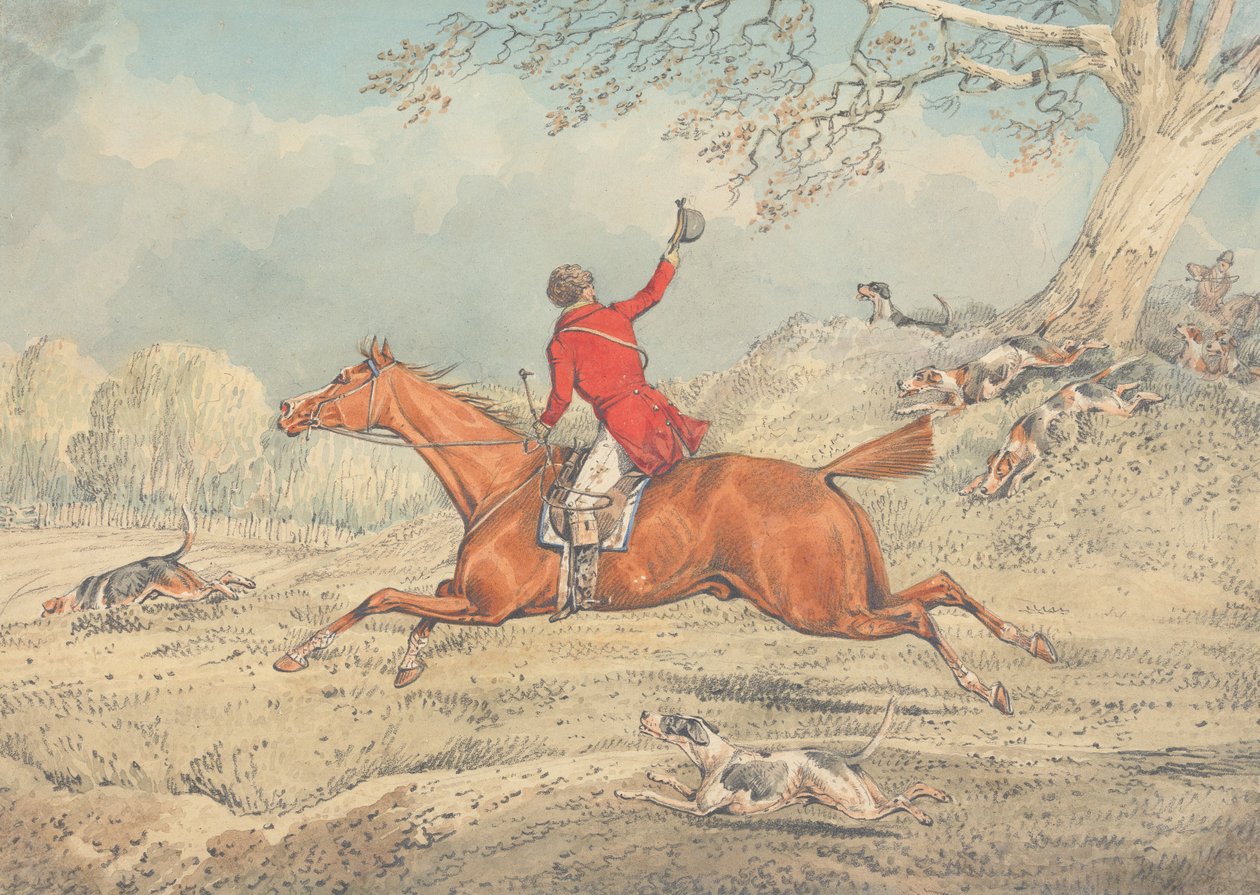 El cazador, galopando hacia la izquierda y animando a los sabuesos de Henry Thomas Alken