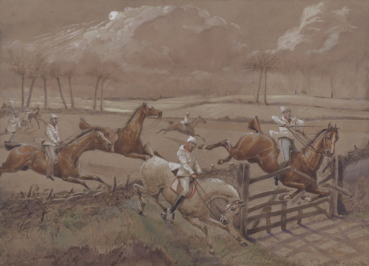 El último campo cerca de Nacton Heath, lámina 3, de The First Steeple Chase on Record, grabado por J. Harris, impreso por Ackermann, Londres en 1839 de Henry Thomas Alken