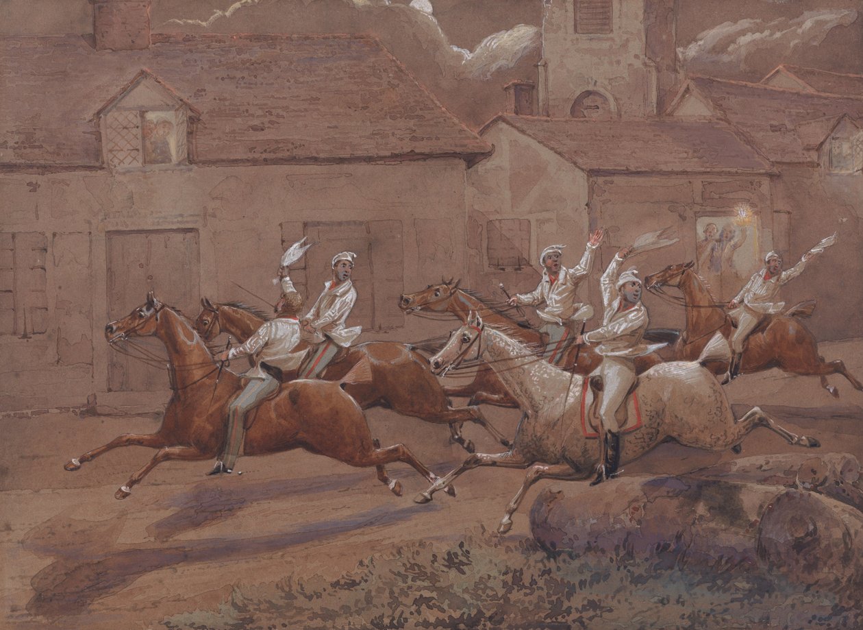 Los jinetes nocturnos de Nacton: El final. Iglesia y pueblo de Nacton de Henry Thomas Alken