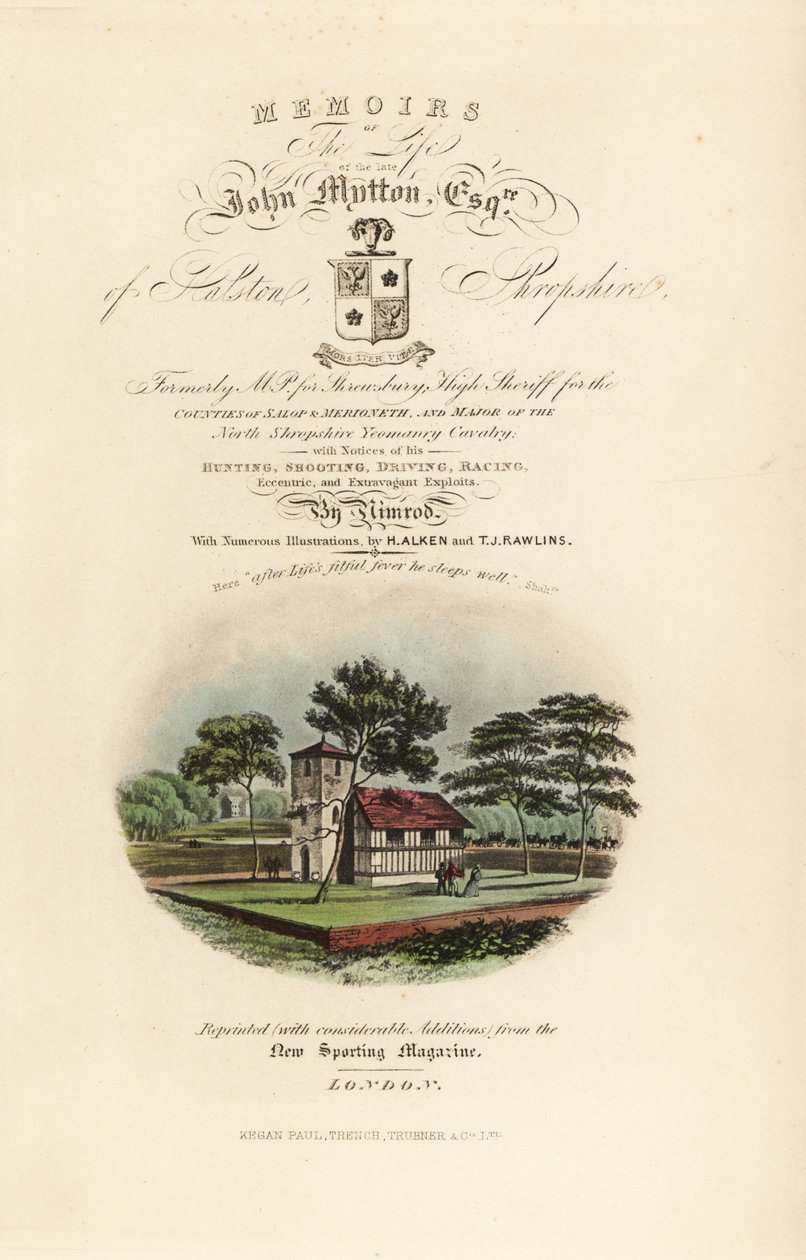 Portada con título caligráfico y viñeta de Tudor inglés de Henry Thomas Alken