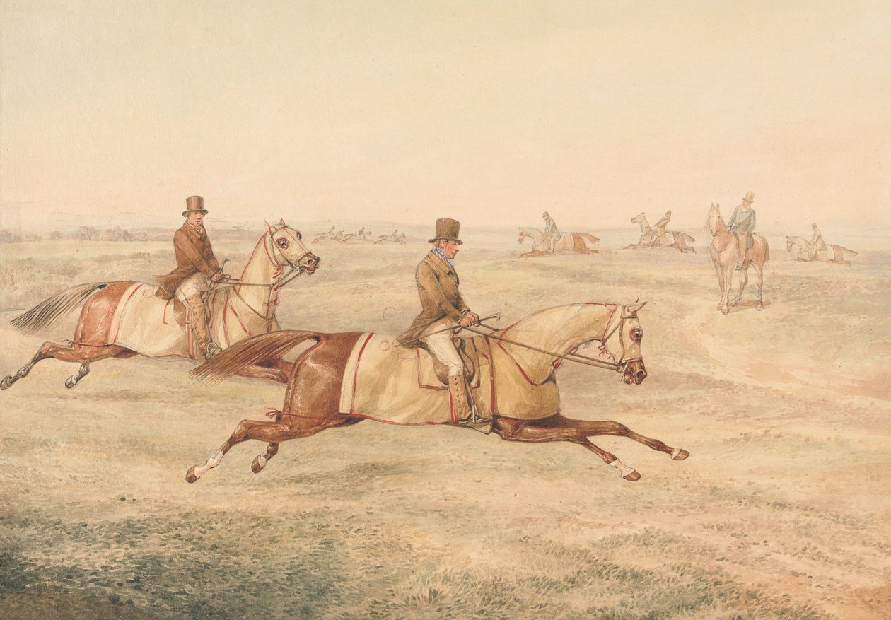 Dos jinetes entrenando caballos al galope de Henry Thomas Alken