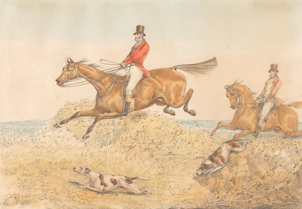 Dos jinetes y una pareja de sabuesos saltando un muro de Henry Thomas Alken