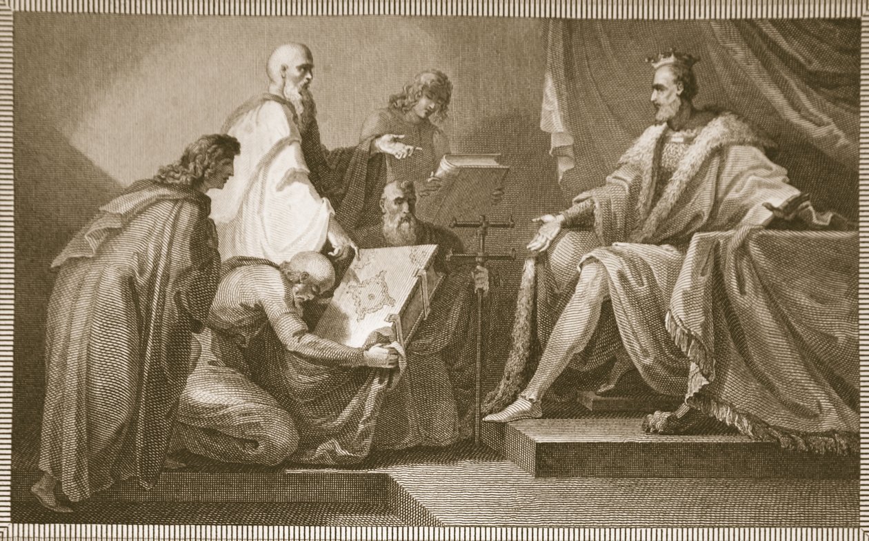 Libro del Juicio Final presentado a Guillermo I, grabado por J. Fittler, ilustración de 