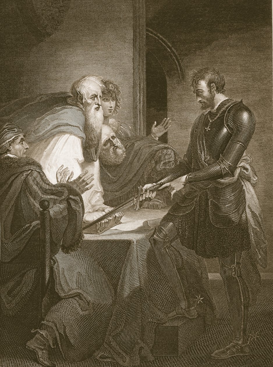 Earl Warenne justificando los títulos de sus propiedades, grabado por J. Fittler, ilustración de 