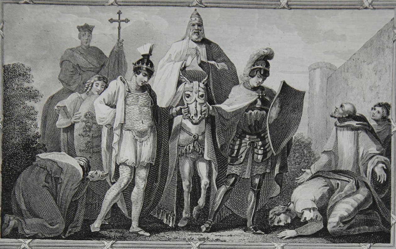Henry y Lewis conduciendo al Papa al castillo de Torci, grabado por Saunders, ilustración de 