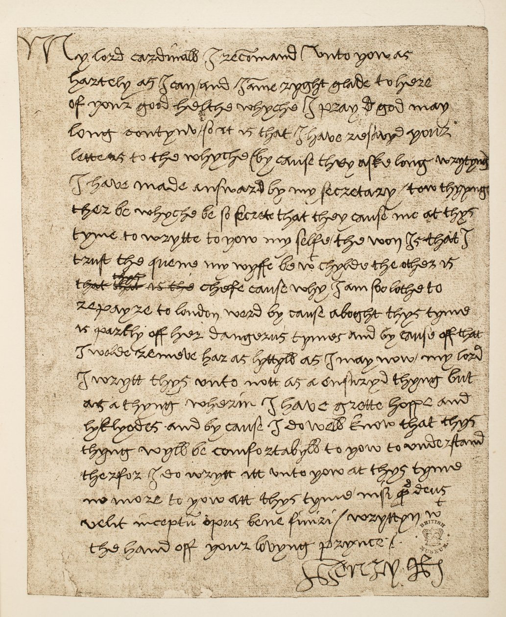 Facsímil de una carta de Enrique VIII al Cardenal Wolsey fechada en julio de 1518, pub. 1902 de Henry VIII