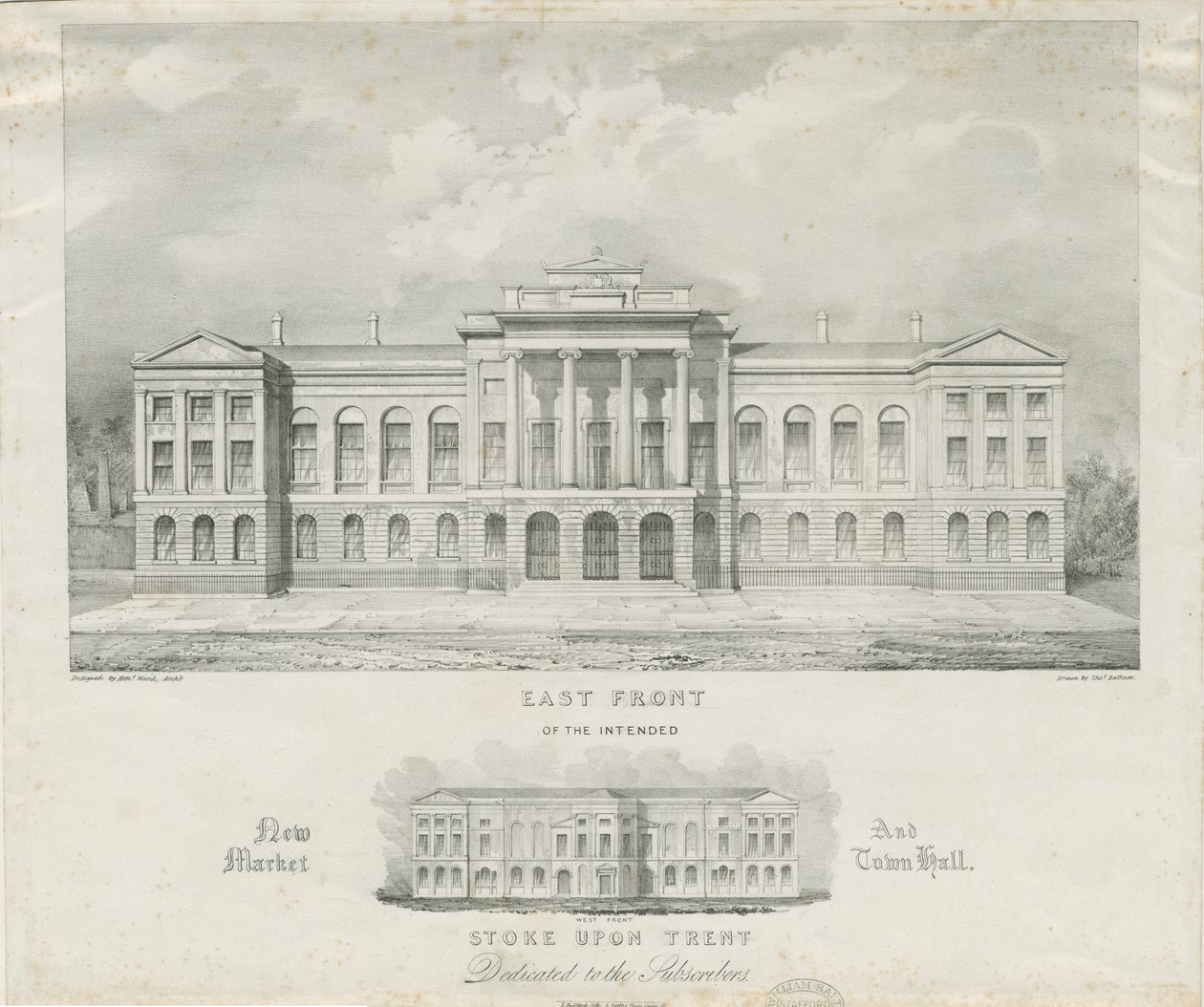 Stoke-upon-Trent - Nuevo mercado y ayuntamiento previsto: litografía, nd [c 1834] de Henry Ward