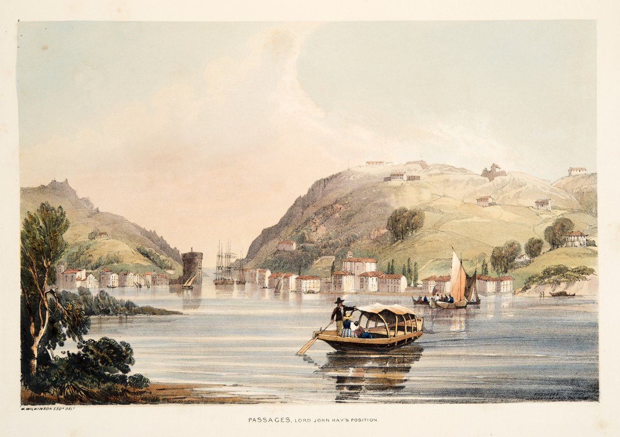 Posición de Lord John Hay, en Pasajes, de Bocetos de paisajes en las provincias vascas de España, con una selección de música nacional, pub. 1838 de Henry Wilkinson