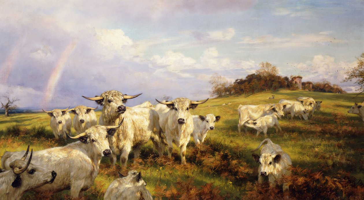 Ganado salvaje de Chartley, Castillo de Chartley al fondo, 1902 de Henry William Banks Davis