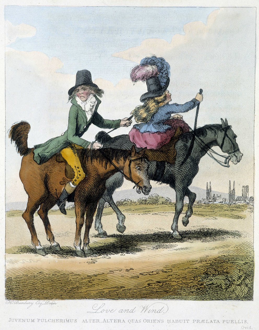 Amor y viento - en "Caricatures anglaise sur les manners de riding a horse", ill. por H. W. Bunbury, ed. John Stockdale de Henry William Bunbury