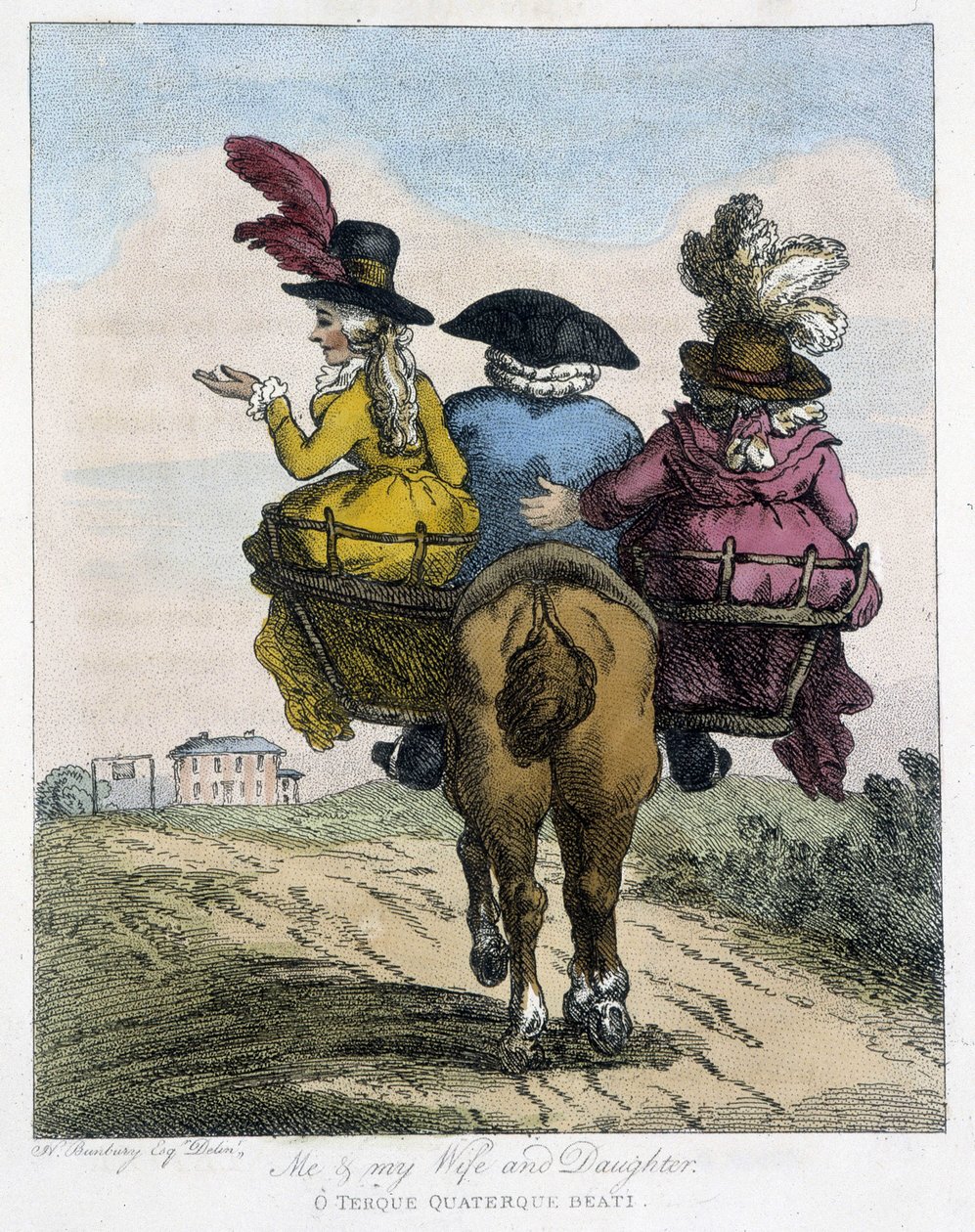 Yo con mi esposa y mi hija - en Caricaturas inglesas sobre las costumbres de montar a caballo, ilustrado por H. W. Bunbury, ed. John Stockdale de Henry William Bunbury